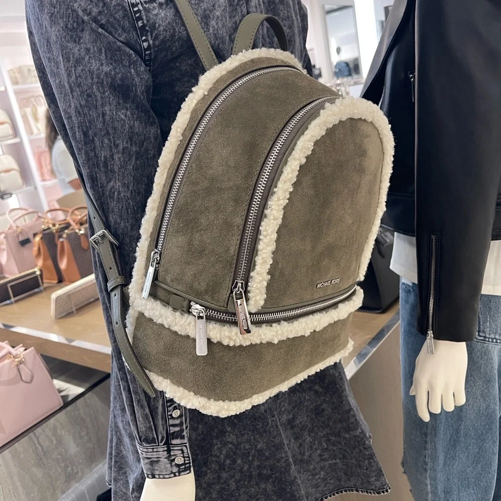 MICHAEL KORS Rhea Medium Suede and Faux Shearling Backpack Olive NWT